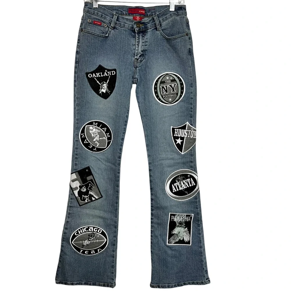 Vintage Le More 90's Bootcut Jeans Patchwork NFL Team Logos ‎ Denim Size 28x31